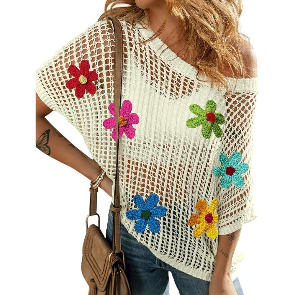 Womens Crochet Tops Summer Off Shoulder Sweater Beach Cover Up Lightweight